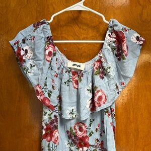 Floral Ruffle Blouse - Blue and Red